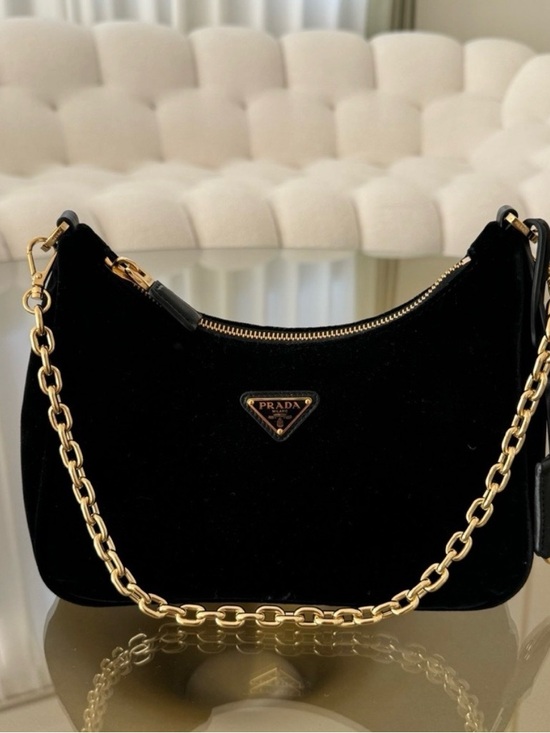 Prada Handbags - Prada Black Velvet Shoulder Bag with Gold Chain